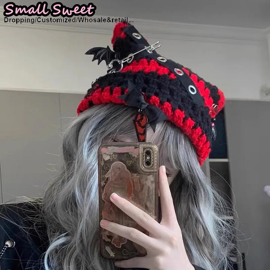 Women Winter rock Gothic Devil Pin Striped Cat Ear Grunge Beanie Hat fur ball Harajuku Punk Knitted Hat Chic Streetwear Hat