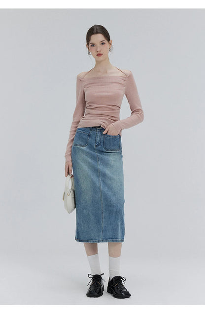 EGGKA Autumn One-shoulder Halter Neck Knitted Tops Women Slim Designer T-Shirts Slash Neck Long Sleeve Tops Korean Fashion Tees - SS69