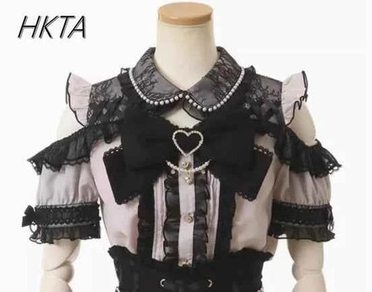 Japanese Liz New Spring Lace Edge Leather Ring High Waist Pleated Skirt Ribbon Bow Short Plaid Skirts Big Bow Lolita Blouses