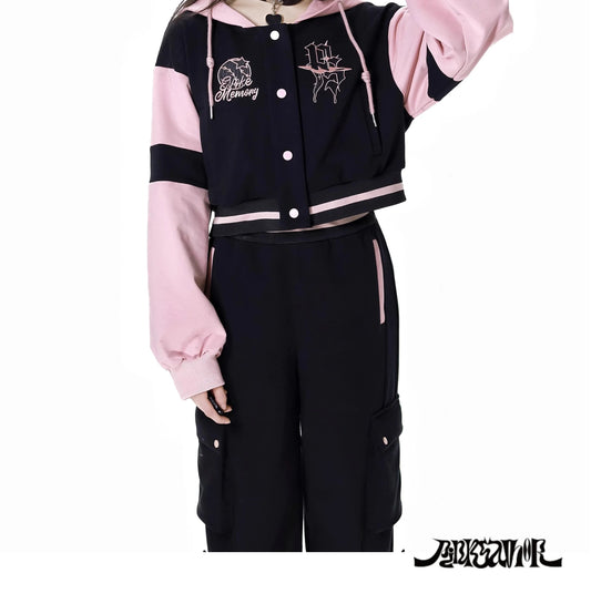 Pink and Black Splicing Color Hooded Baseball Jacket Casual Pant Sets 2025 Spring and Autumn Sweet Cool Girl Students Outfits SS69