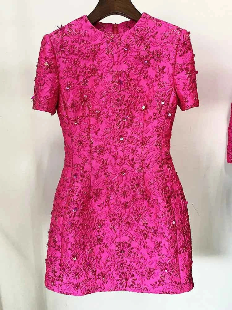 HIGH STREET Newest 2024 Designer Fashion Stylish Dress Women's Beaded Floral Jacquard Trimmed Dress