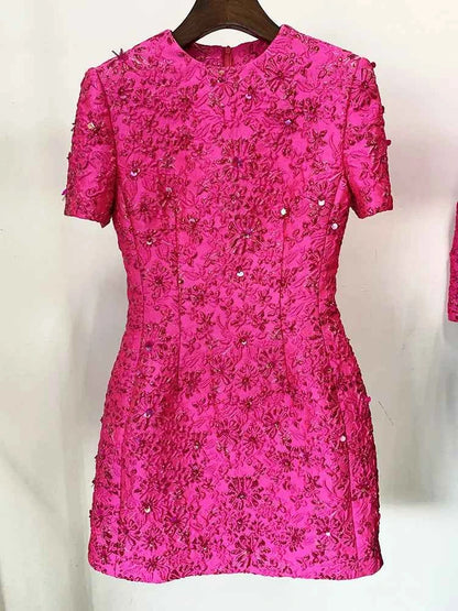 HIGH STREET Newest 2024 Designer Fashion Stylish Dress Women's Beaded Floral Jacquard Trimmed Dress