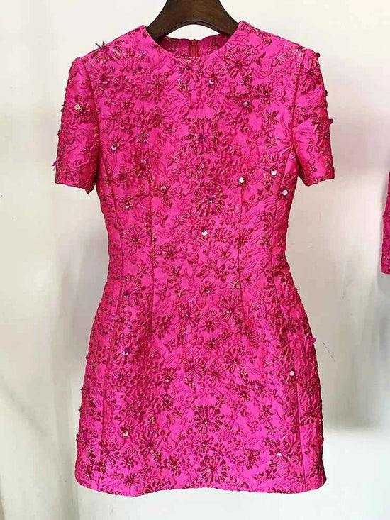 HIGH STREET Newest 2024 Designer Fashion Stylish Dress Women's Beaded Floral Jacquard Trimmed Dress