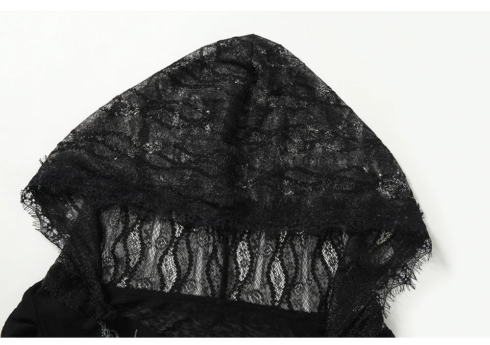 NO ROMANCE Fairy Sexy Punk Printing Half Transparent Lace Patch Knitted Long Sleeve Hooded Dresses Rock Gothic Design Vestidos SS69