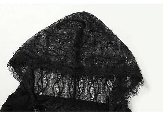 NO ROMANCE Fairy Sexy Punk Printing Half Transparent Lace Patch Knitted Long Sleeve Hooded Dresses Rock Gothic Design Vestidos SS69