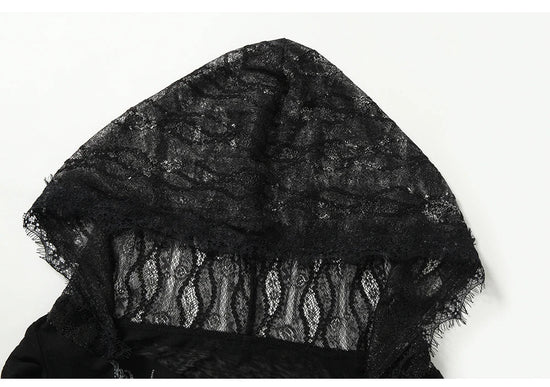 NO ROMANCE Fairy Sexy Punk Printing Half Transparent Lace Patch Knitted Long Sleeve Hooded Dresses Rock Gothic Design Vestidos SS69