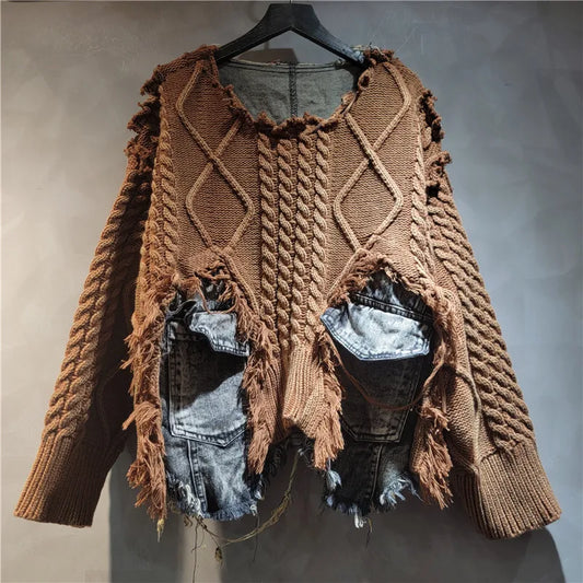 NANCYLIM Women's Vintage Denim Patchwork Knitted Pullover Sweater Loose Fit