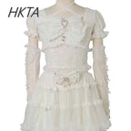 Japanese Sweet Heavy Industry Splicing Sleeve Strap Lace Bow Lace Shirt Summer Autumn New Elastic Slim Long-sleeve Tshirt Top