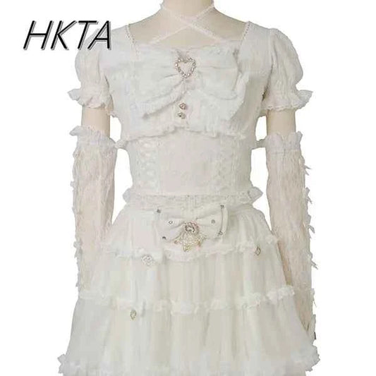 Japanese Sweet Heavy Industry Splicing Sleeve Strap Lace Bow Lace Shirt Summer Autumn New Elastic Slim Long-sleeve Tshirt Top