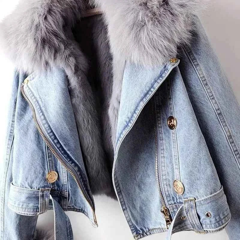 Women Faux Fox Fur Collar Jean Coat Winter Denim Jacket Female Short Warm Parkas Rabbit Hair Lining Outwear Fashion Overcoat