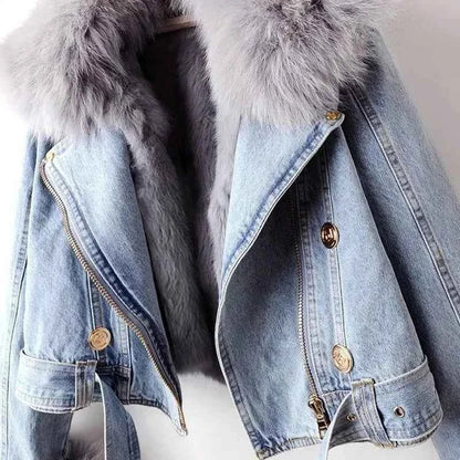 Women Faux Fox Fur Collar Jean Coat Winter Denim Jacket Female Short Warm Parkas Rabbit Hair Lining Outwear Fashion Overcoat