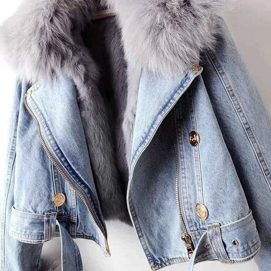 Women Faux Fox Fur Collar Jean Coat Winter Denim Jacket Female Short Warm Parkas Rabbit Hair Lining Outwear Fashion Overcoat