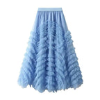 Fashionable Tiered Tulle Maxi Skirt for Women 2024 New Elegant High Street A Line High Waist Mesh Long Skirt Female Pink
