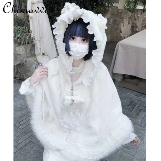 Japanese Mine Lace Splicing Cute Bow Lolita Shawl Jacket Autumn and Winter New Sweet Girl Loose Warm Plush Cape Coat Women