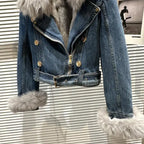 Winter Women Denim Coat Jacket Fox Collar Short  Warm High Street Outerwear Thicken Coat High Quality Luxury Design Party Wear