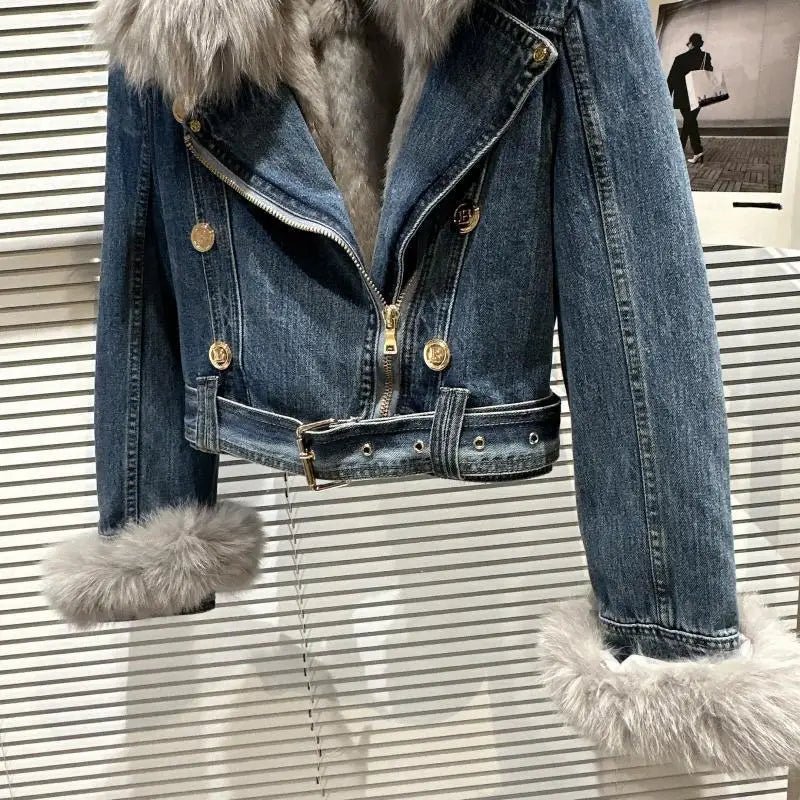 Winter Women Denim Coat Jacket Fox Collar Short  Warm High Street Outerwear Thicken Coat High Quality Luxury Design Party Wear