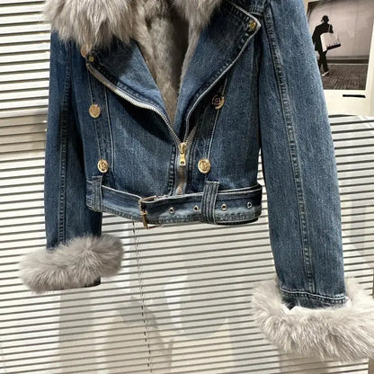 Winter Women Denim Coat Jacket Fox Collar Short  Warm High Street Outerwear Thicken Coat High Quality Luxury Design Party Wear