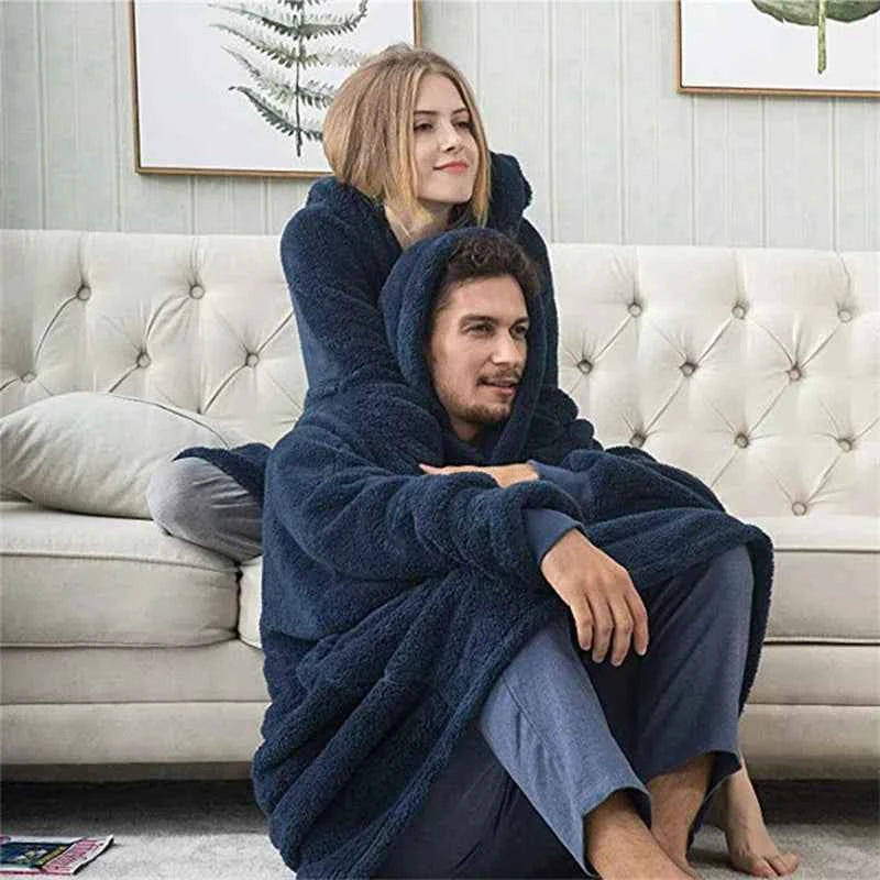 New Winter Women Double-faced Fleece Hoodie Blanket Oversize Large Pocket Warm Couple Loose Sweatshirts Women And Men Robe