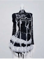 Original Design Punk Rock Cross Patch Long Sleeve Slash Tshirt Gothic Women Subculture Lace Ruffled Holloween Tee Tops Clothing SS69