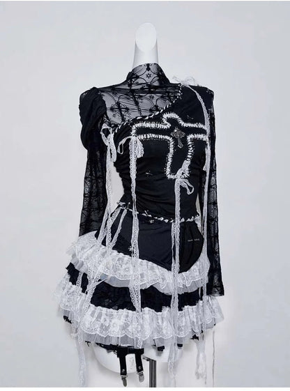 Original Design Punk Rock Cross Patch Long Sleeve Slash Tshirt Gothic Women Subculture Lace Ruffled Holloween Tee Tops Clothing SS69