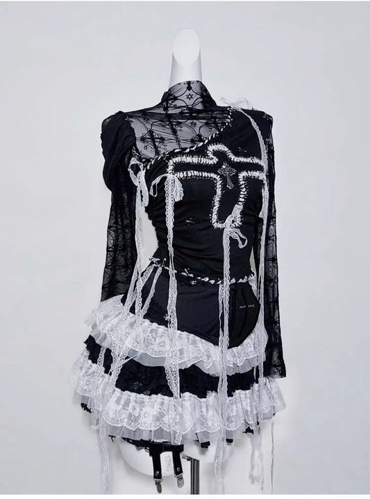 Original Design Punk Rock Cross Patch Long Sleeve Slash Tshirt Gothic Women Subculture Lace Ruffled Holloween Tee Tops Clothing SS69
