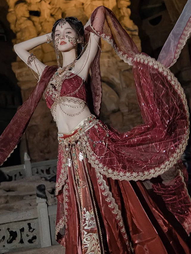 2025 chinese characteristic dunhuang feitian hanfu exotic princess folk dance suit travel photography hanfu clothes+accessories SS69 115.69 red / one size