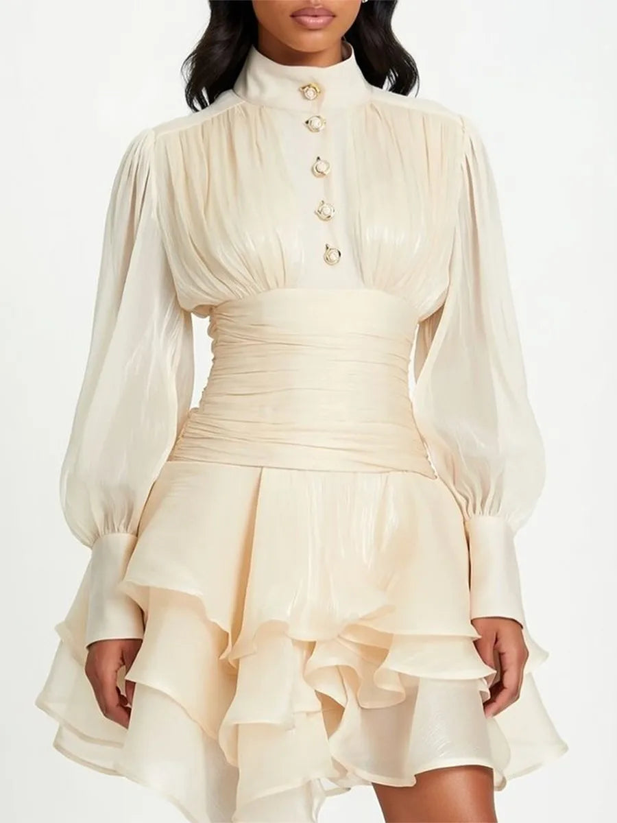 TWOTWINSTYLE Solid Spliced Ruffles Dress Female Stand Collar Long Sleeve Loose French Elegant Women's Dresses Autumn Fashion New