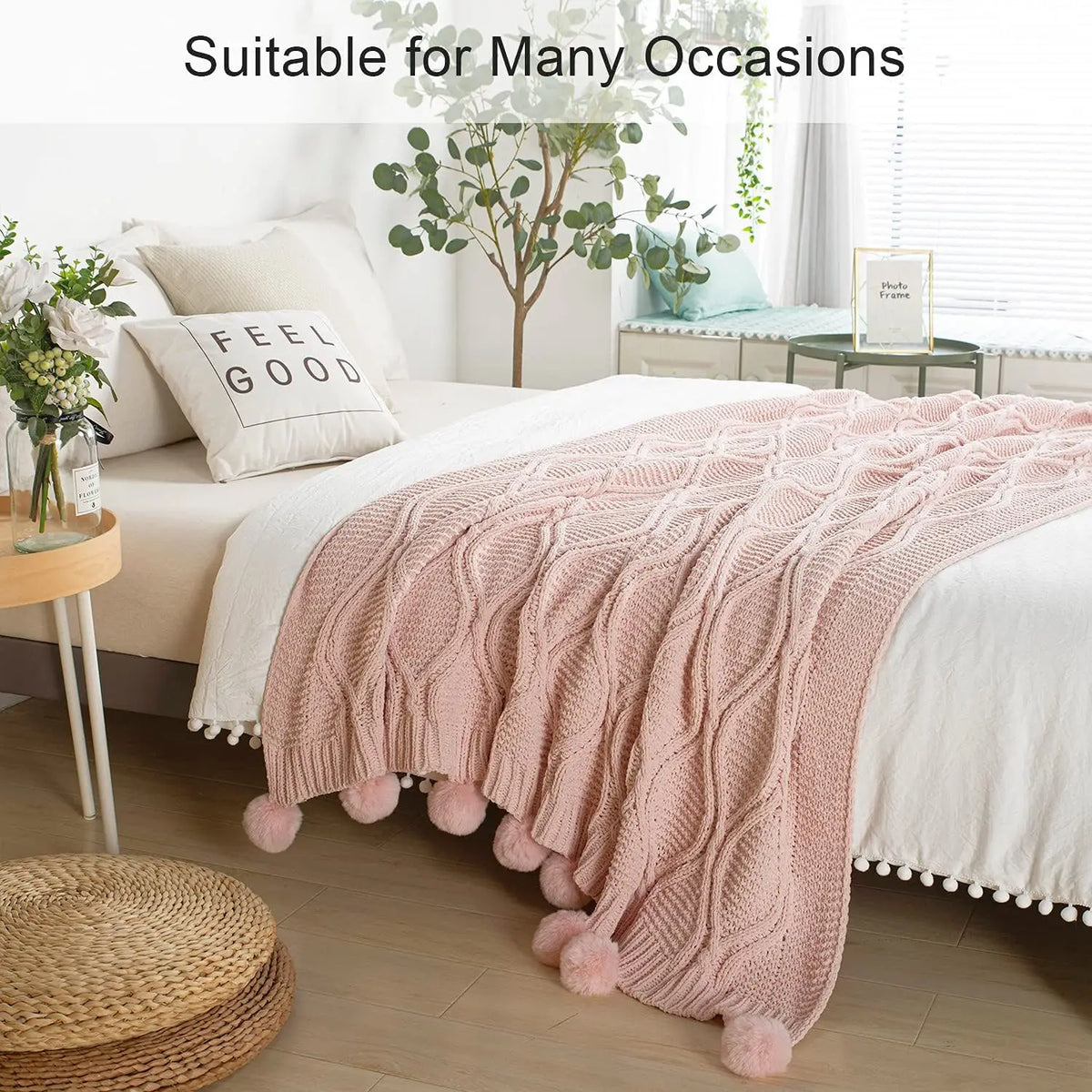 SS69 Chunky Chenille Knit Throw Blanket with Pom Poms, 130x170cm