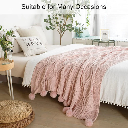 SS69 Chunky Chenille Knit Throw Blanket with Pom Poms, 130x170cm
