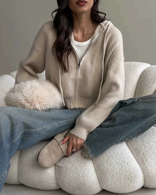 Autumn Knitted Women's Short Cardigan with Zipper Gray Winter Sweater Casual Cute Vintage White Cardigan for Women with Hood