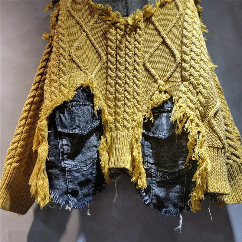 Nancylim Women's Vintage Denim Patchwork Knit Pullover