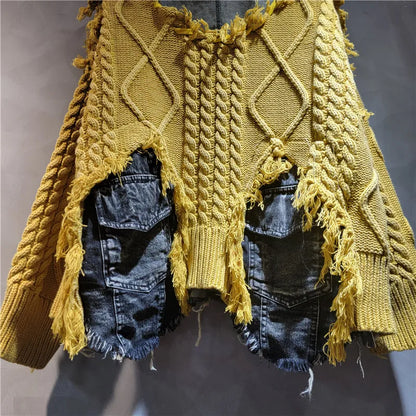 NANCYLIM Women's Vintage Denim Patchwork Knitted Pullover Sweater Loose Fit