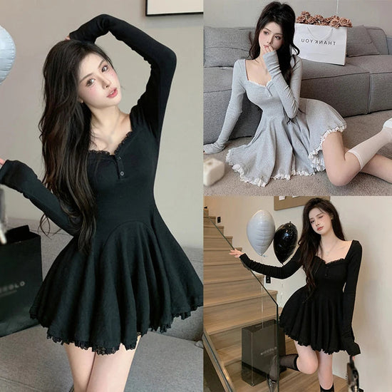 Women Sexy Korean Dress French Style Waist Closed Long Sleeve Collarbone Exposed Sweet SS69