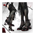 New 2024 Punk Gothic High Heels Pumps Women Rose Heeled Patent Leather Lolita Shoes Woman Y2K Ankle Straps Black Mary Jane Shoes