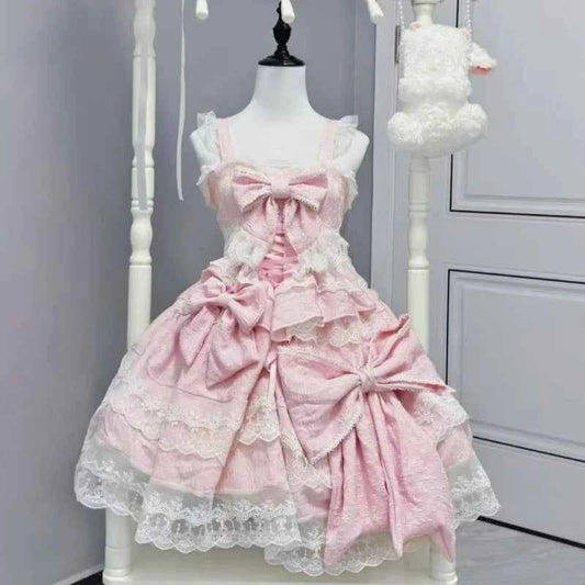 Kawaii Lovely Slim Lolita Dress Women Design Sweet Bow Sleeveless Sling Dresses Elegant Cute Pretty New Clothing