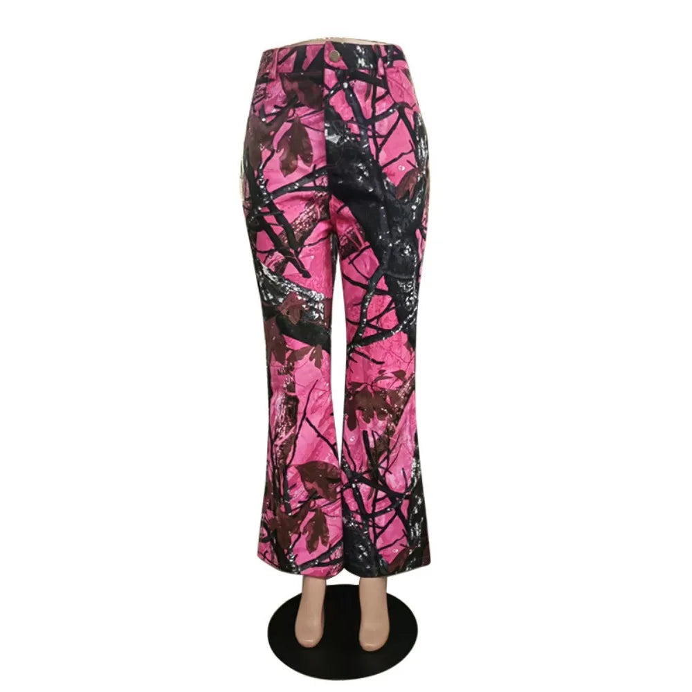 FAGADOER Y2k Fashion Pink Camouflage Print Pants Women Button High Waist Flare Pants Female INS New Autumn Streetwear Bottoms SS69