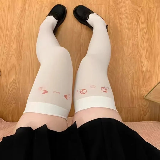 SS69 Japanese Kawaii Expression Thigh High Socks - White Plaid Over Knee