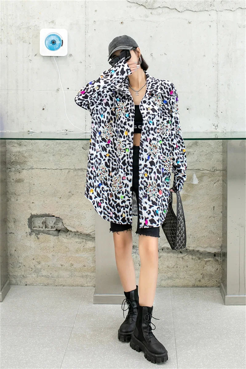Harajuku Vintage Pearl Beaded Diamonds Leopard Print Women Thin Shirt Jacket Loose Casual Lapel Long Sleeve Female Jacket Coat SS69