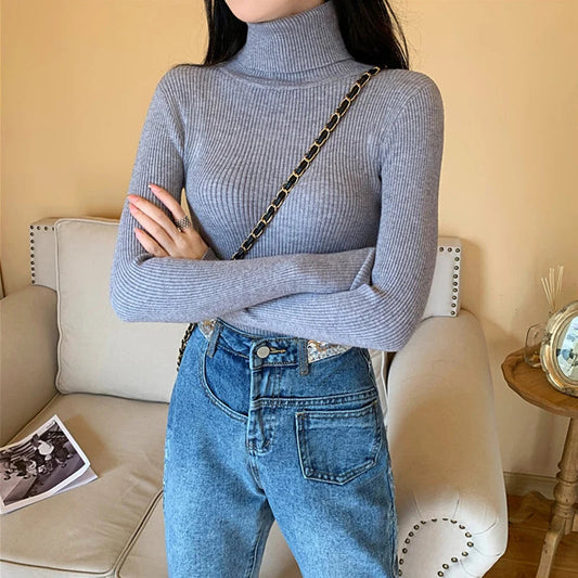 2025 Autumn Winter Women Long Sleeve Knitted Foldover Turtleneck Ribbed Pull Sweater Soft Warm Femme Jumper Pullover Clothes SS69 13.69 One Size / gray