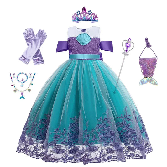 Supertaro Chen Ariel Princess Cosplay Dress for Girls, Floral Mesh Ball Gown