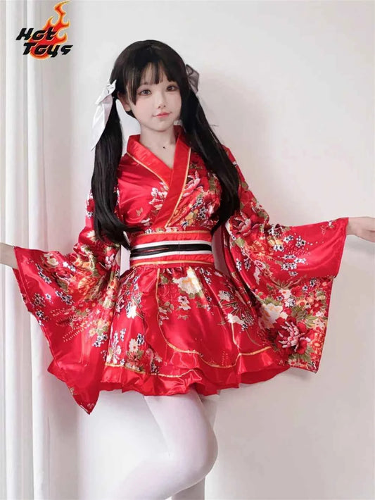 Japanese Kimono Yukata Robes Kawaii Girls Floral Printed Haori Suit Lovely Lolita Dress For Women Maid Cosplay Costume Halloween