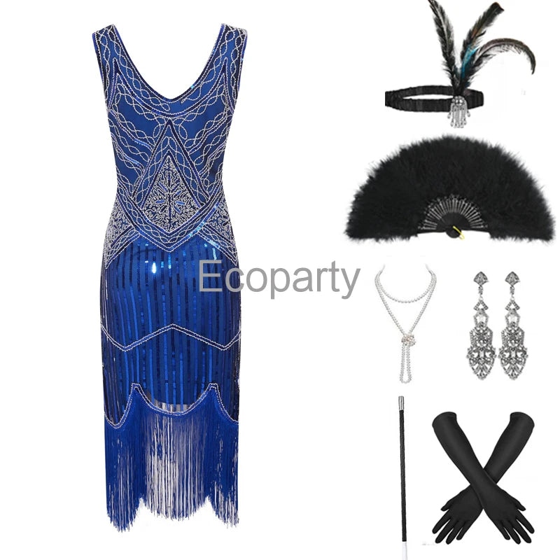 1920s Gatsby Dress 20s Flapper Girl Fancy Retro Sleeveless Sequins Embroidered Tassels Party Dress With Fan Necklace Accessories SS69 58.69 Blue / XXL / CHINA