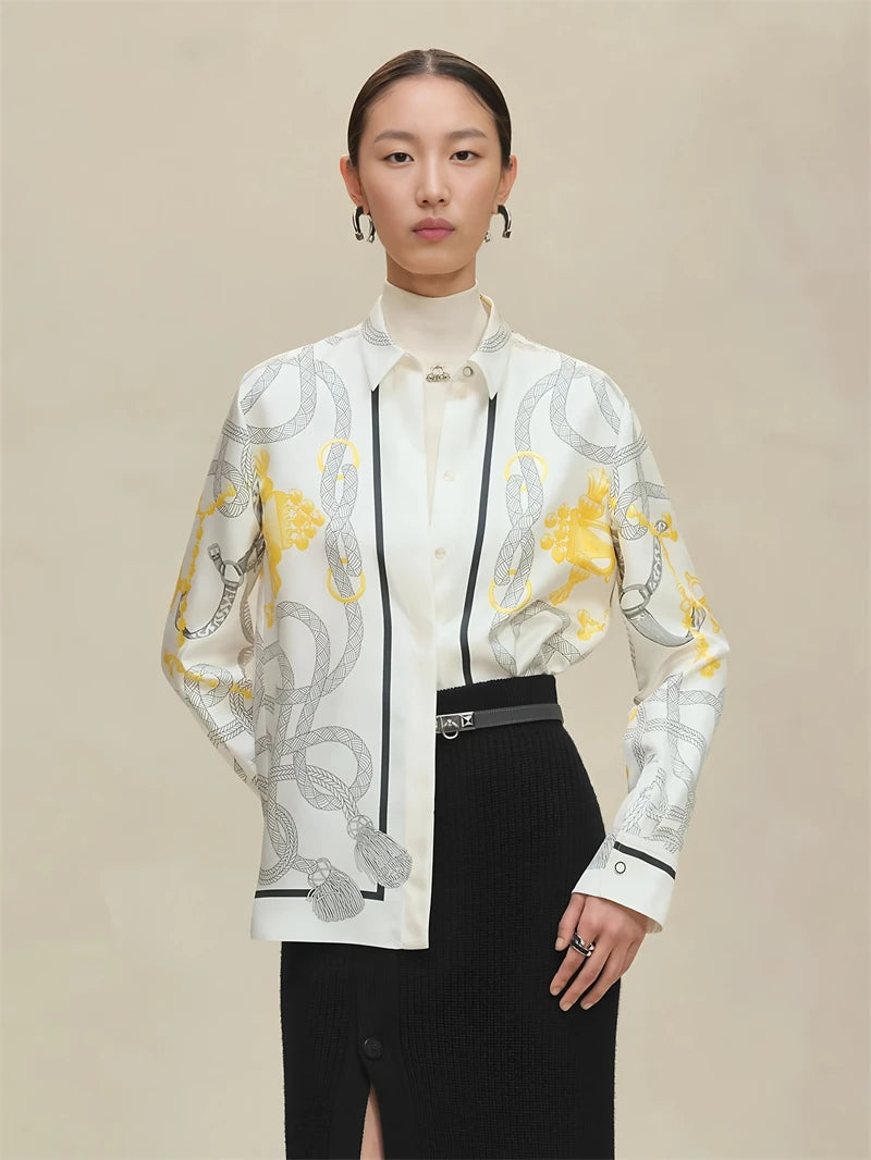 Camisas Newest Exclusive Women Luxury Shirt Long Sleeve Lapel Satin Shirt Old Money Print Brand Design Shirt OL Blouse руба