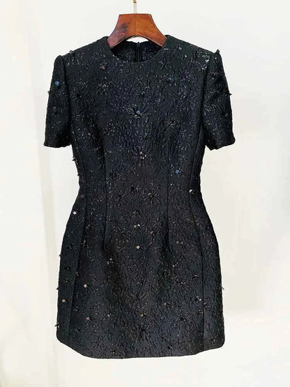 HIGH STREET Newest 2024 Designer Fashion Stylish Dress Women's Beaded Floral Jacquard Trimmed Dress