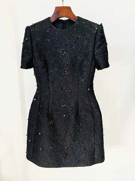 HIGH STREET Newest 2024 Designer Fashion Stylish Dress Women's Beaded Floral Jacquard Trimmed Dress