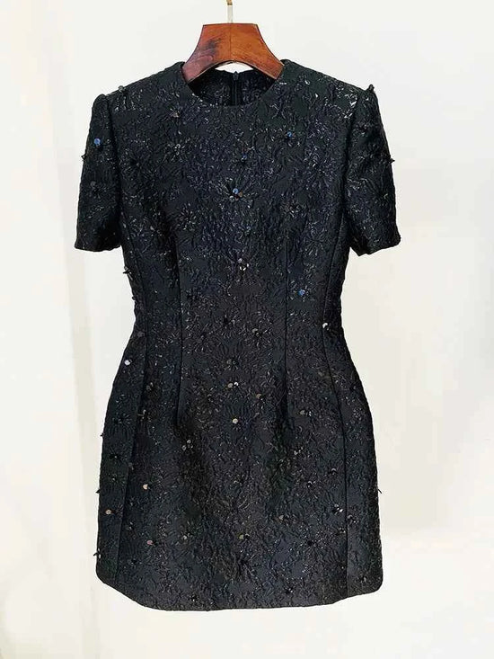 HIGH STREET Newest 2024 Designer Fashion Stylish Dress Women's Beaded Floral Jacquard Trimmed Dress