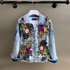 Retro Diamonds Embedding Floral Embroidery Denim Coat Spring Flowers Sequins Appliques Slim Jeans Jacket Cowboy Cardigan Jaqueta SS69
