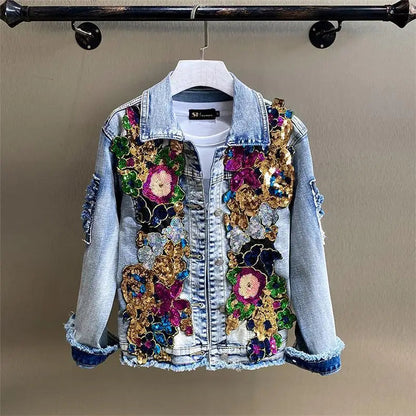 Retro Diamonds Embedding Floral Embroidery Denim Coat Spring Flowers Sequins Appliques Slim Jeans Jacket Cowboy Cardigan Jaqueta SS69