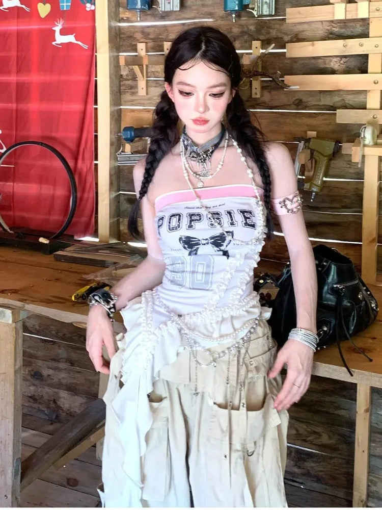 Irregular Sleeveless Chest Gothic Bow Female Short Blouse Cute Y2k Crop Tops Sweet Cool Korean Subculture Harajuku Match Color SS69 8.69 White / L