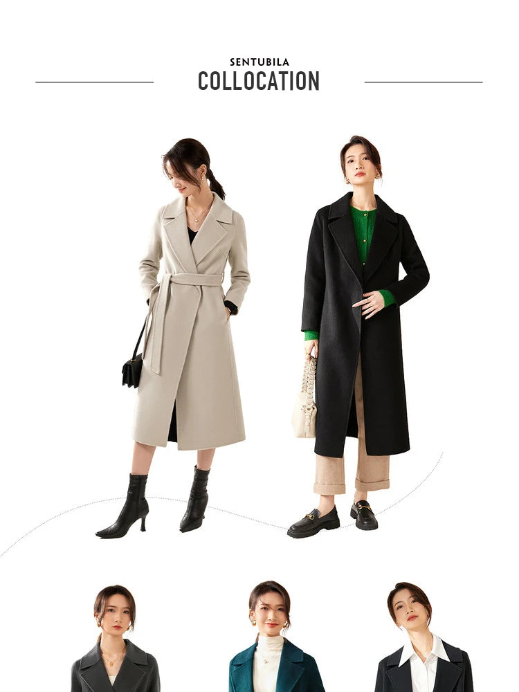 SENTUBILA Women's 100% Wool Long Wrap Coat with Belted Waist